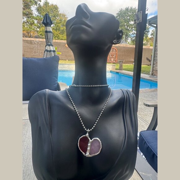 Handcrafted Stained Glass Heart Pendant Caged in Silver-Blend Boho Bezel 1.5” - Picture 6 of 8